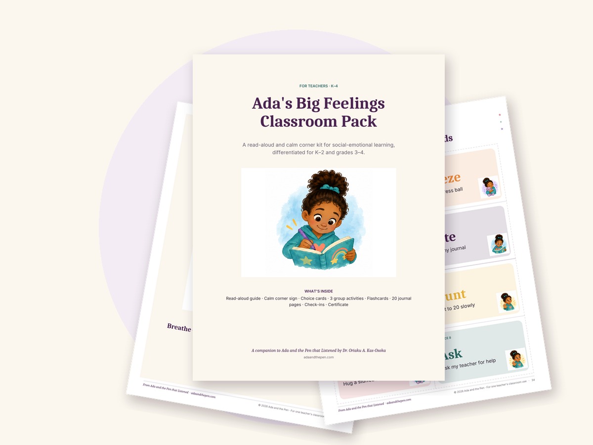Cover of Ada's Big Feelings Classroom Pack, showing Ada with her journal beside calm corner choice cards