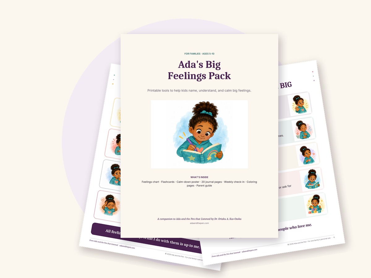 Cover of Ada's Big Feelings Pack, showing Ada reading her journal beside printable feelings flashcards