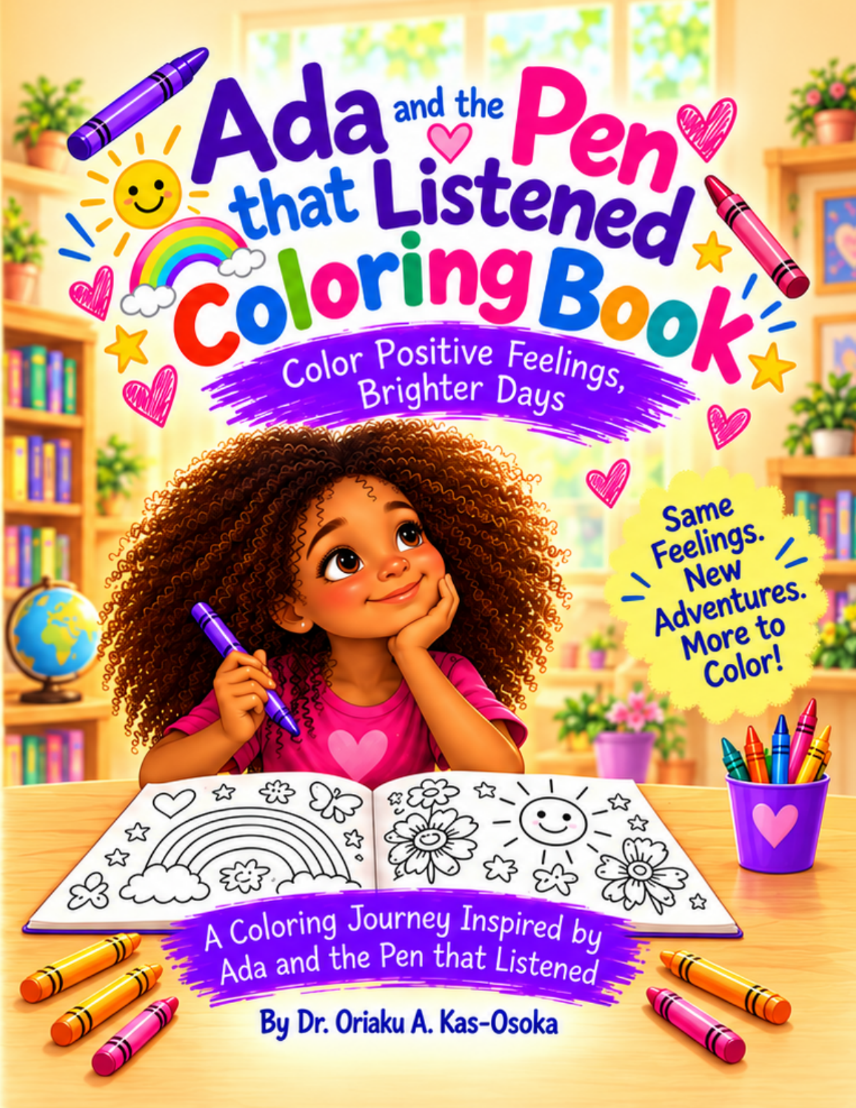 Front cover of Ada and the Pen that Listened Coloring Book, showing Ada, a young girl with curly hair